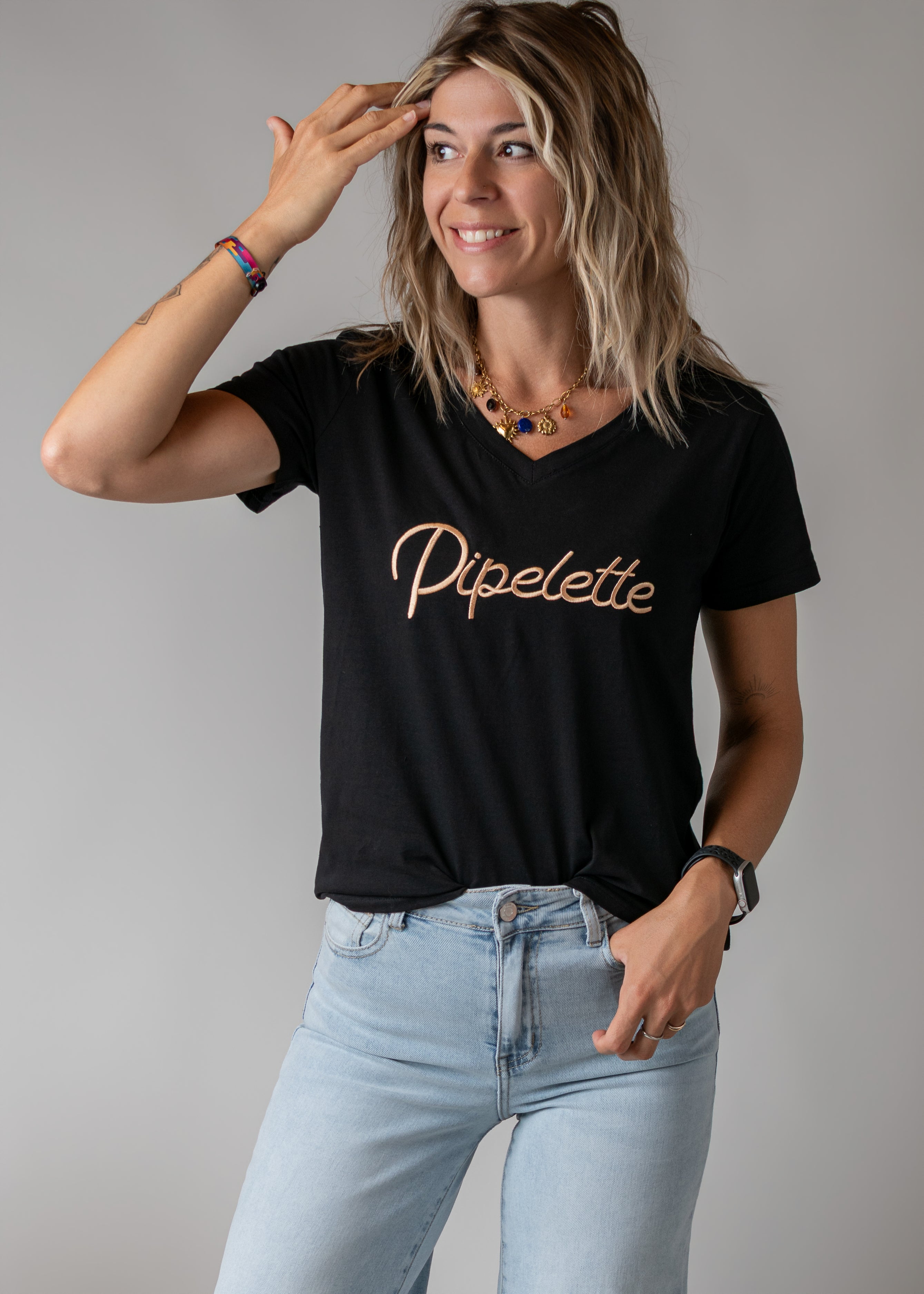 T-shirt noir brodé Pipelette doré la boutique de lydie