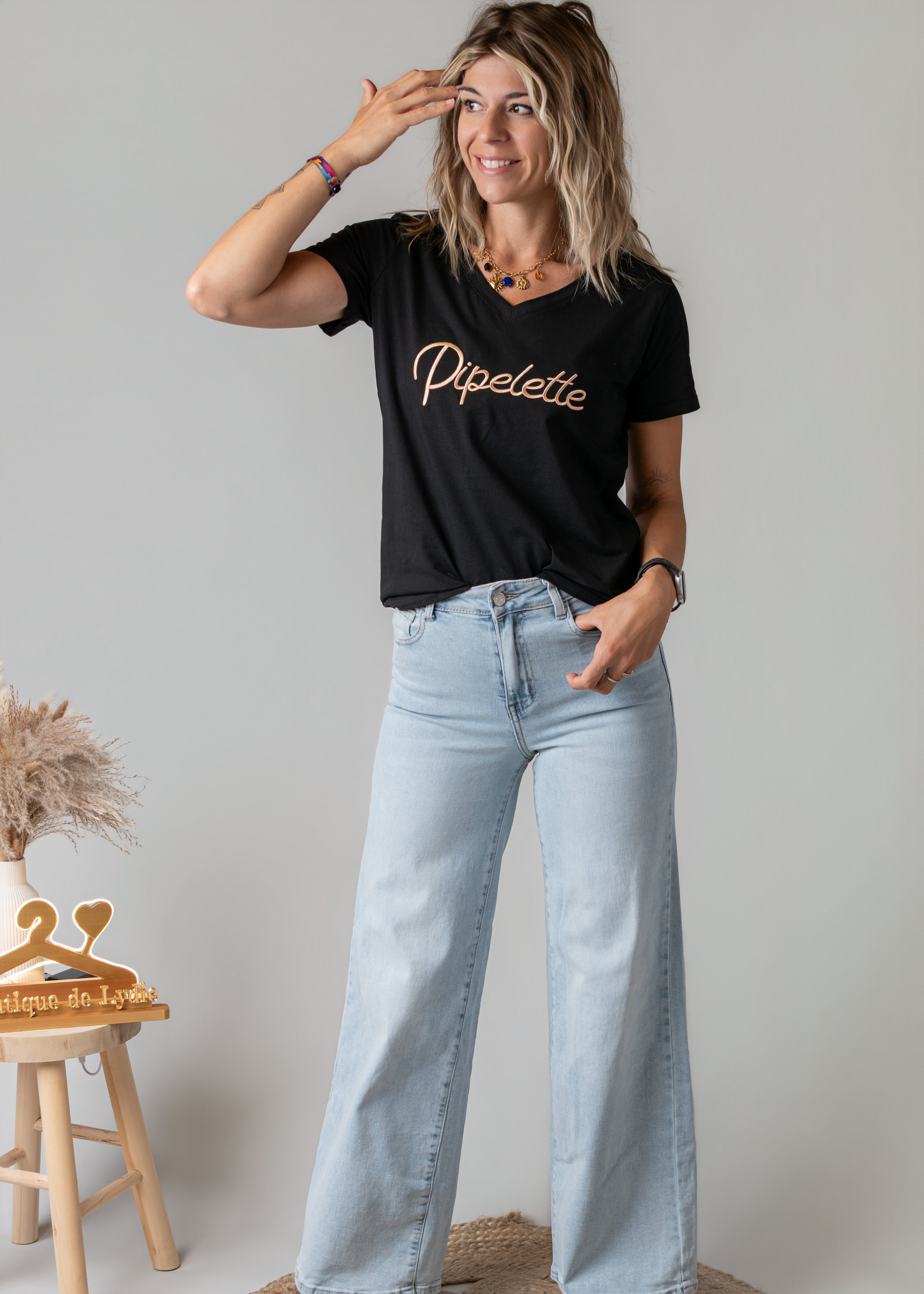 T-shirt noir brodé Pipelette doré