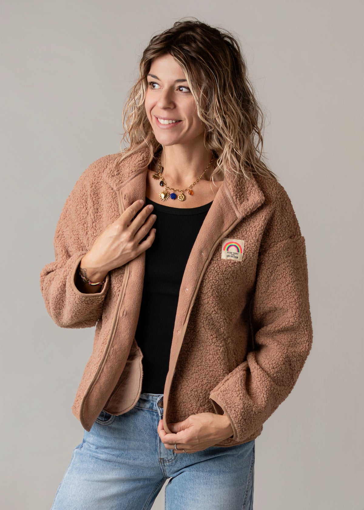 Veste bouclette camel rosé la Boutique de Lydie