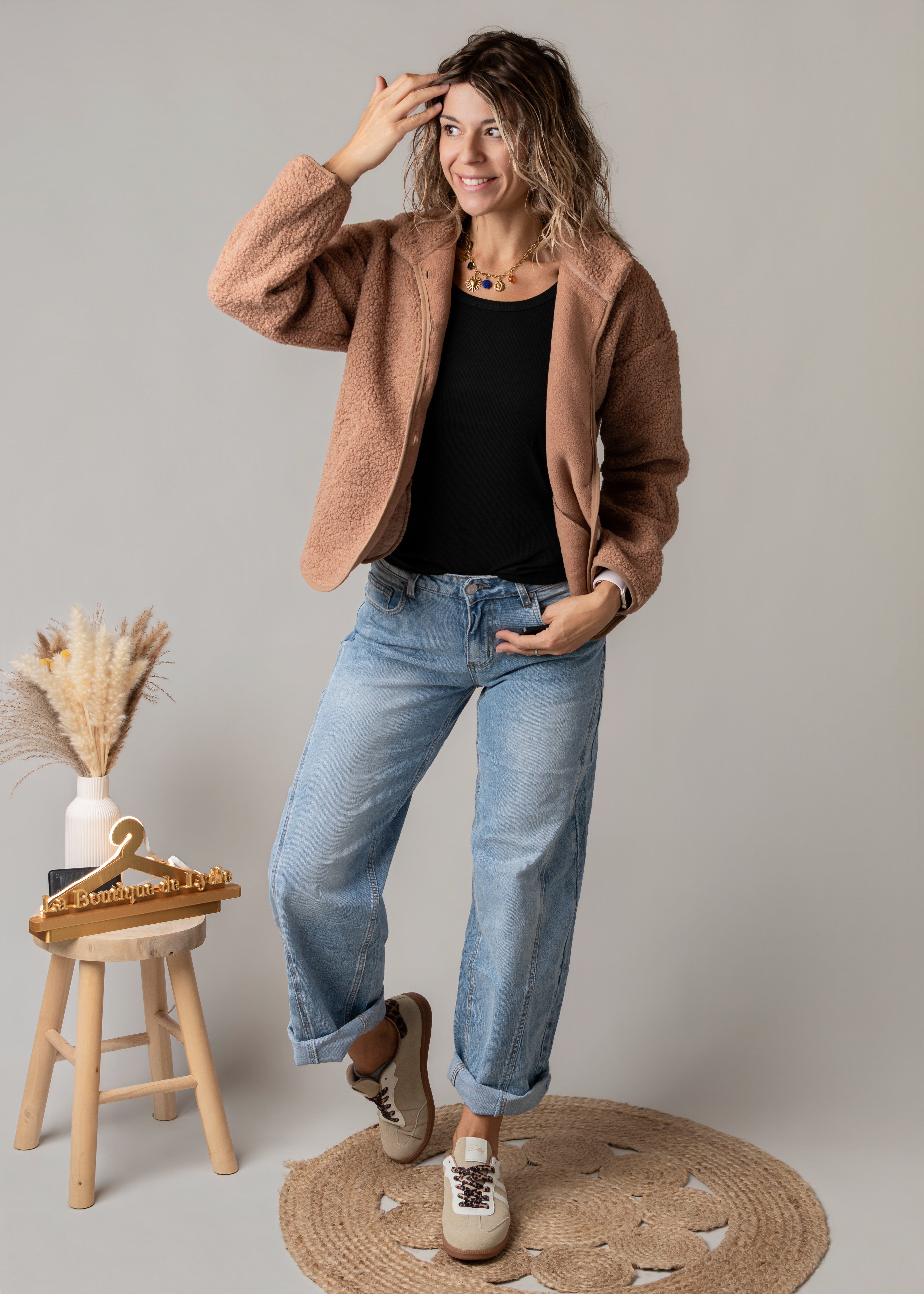 Veste bouclette camel rosé 