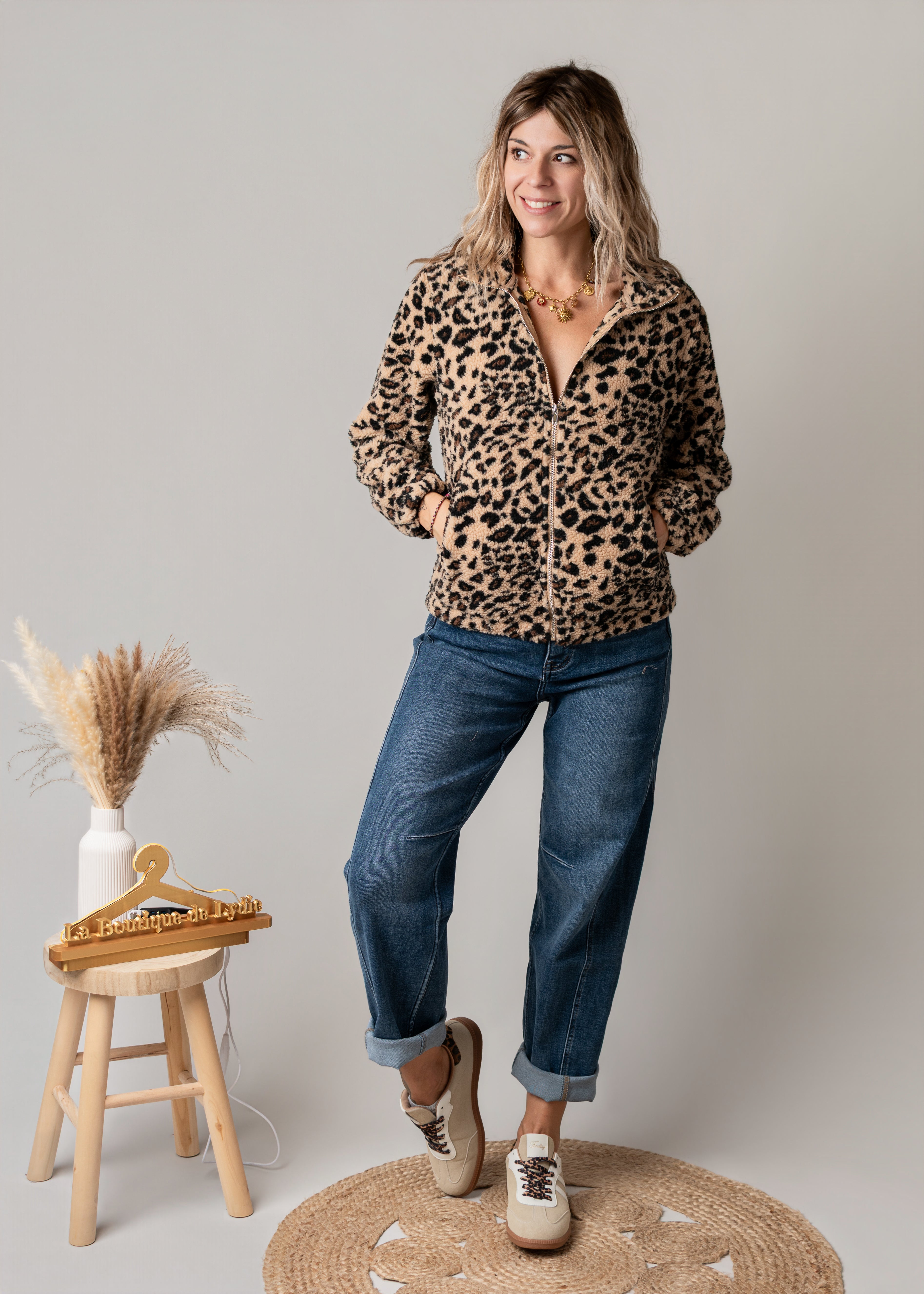 Veste zippée moumoute léopard