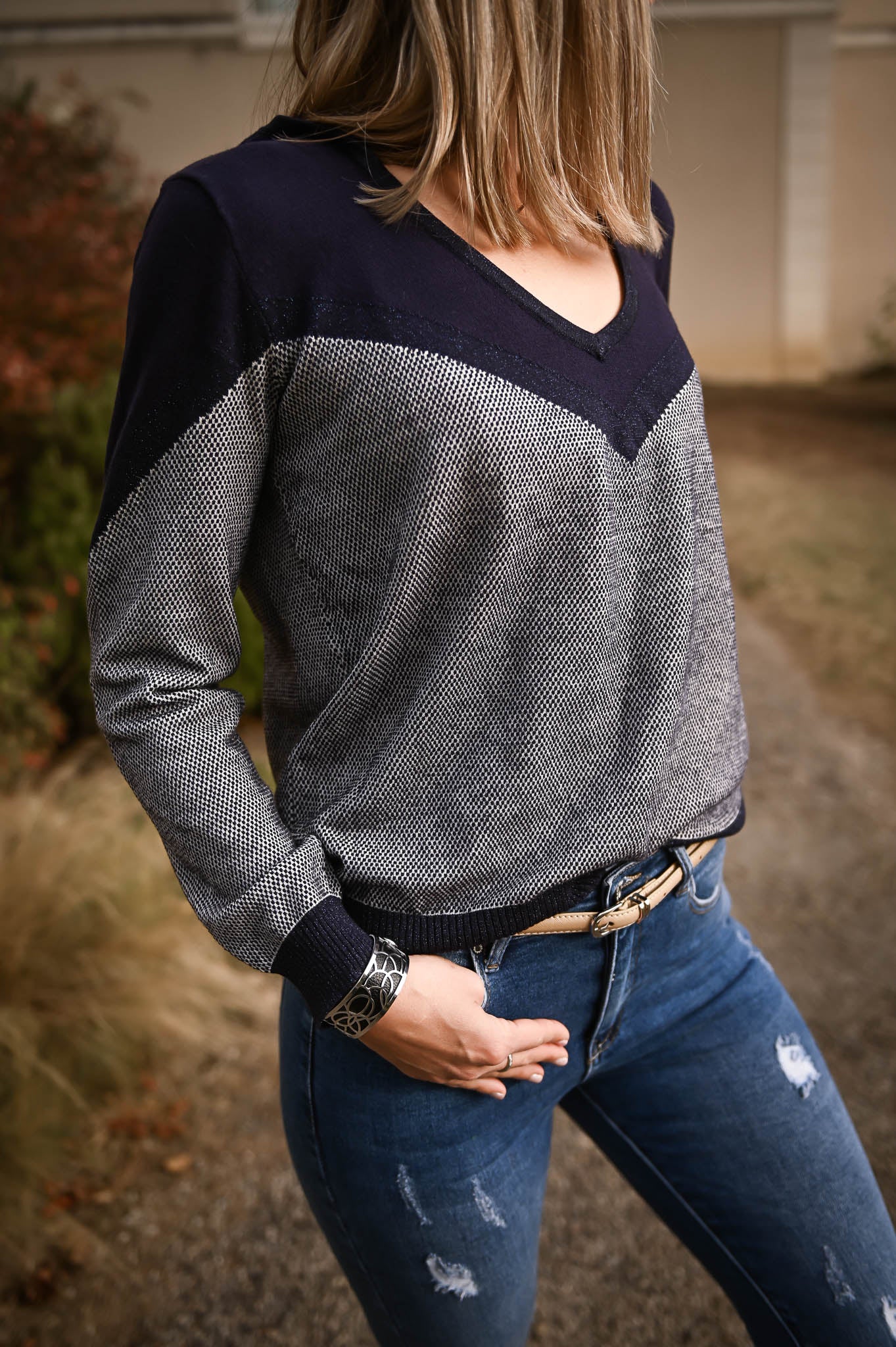 Pull marine avec col en V la boutique de lydie